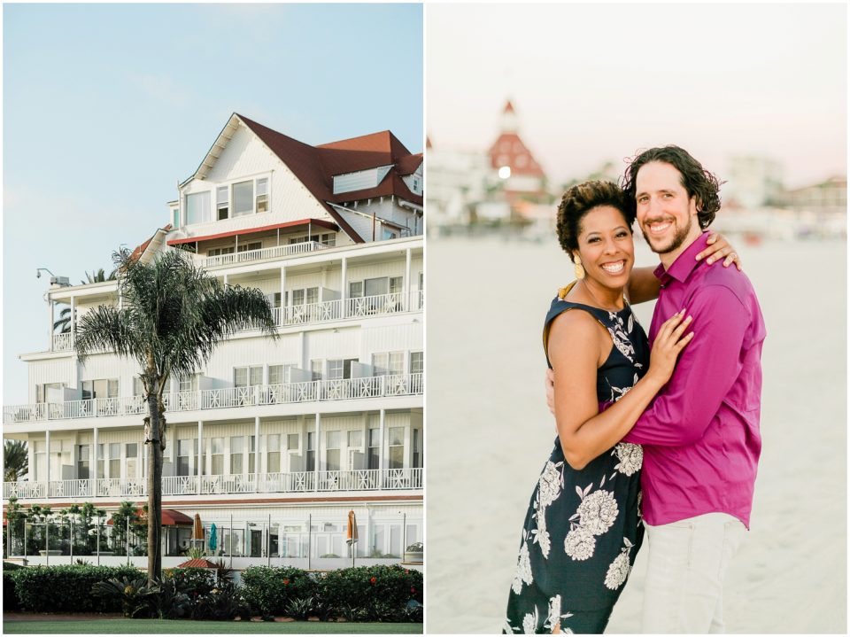 cute couple smiling at camera Hotel Del coronado Beach Engagement Pictures San Diego Engagement Photographer Kristine Marie Photography