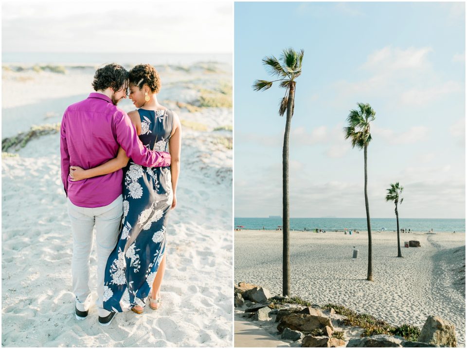 couple facing ocean palm trees Hotel Del coronado Beach Engagement Pictures San Diego Engagement Photographer Kristine Marie Photography