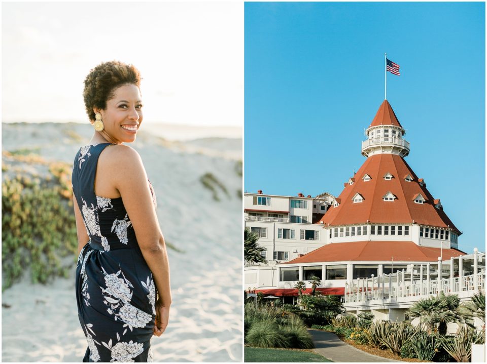 engaged woman smiling Hotel Del coronado Beach Engagement Pictures San Diego Engagement Photographer Kristine Marie Photography