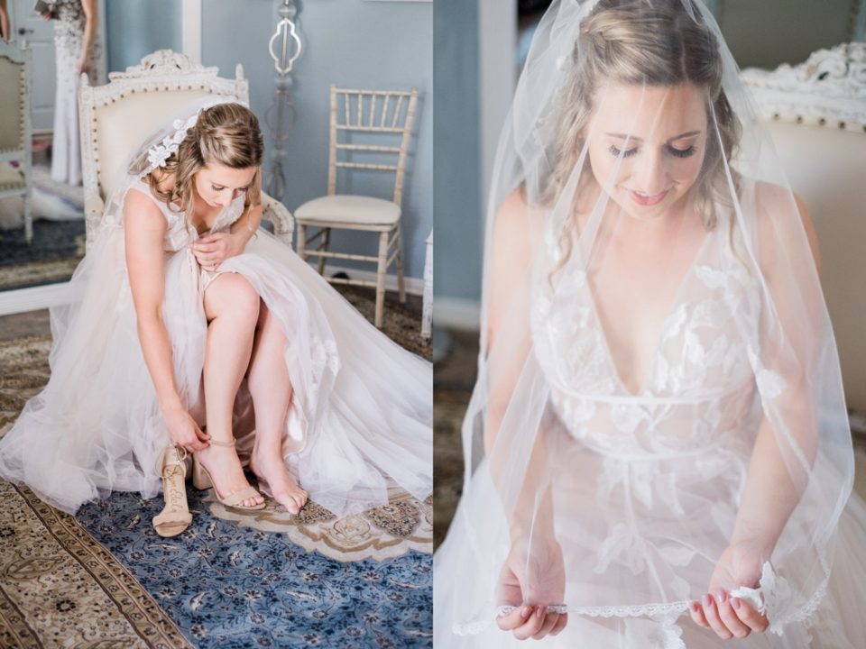 Bride putting on shoes and veil Los Willows Wedding Photo | Fallbrook San Diego Wedding Photographer | © Kristine Marie Photography (10)