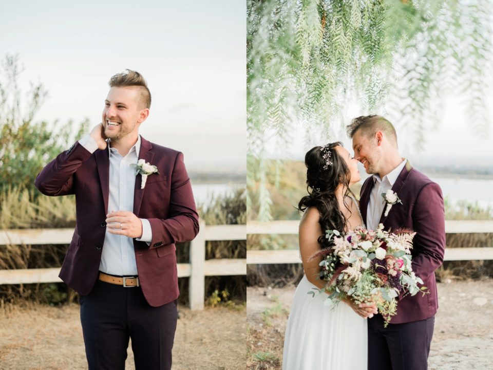 groom burgundy suit San Diego Elopement Photographer