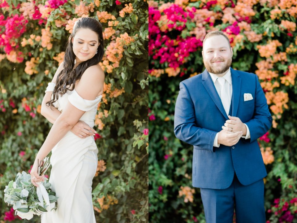 Bride and Groom Portrait bougainvillea flowers San Diego Wedding Photographer © Kristine Marie Photography