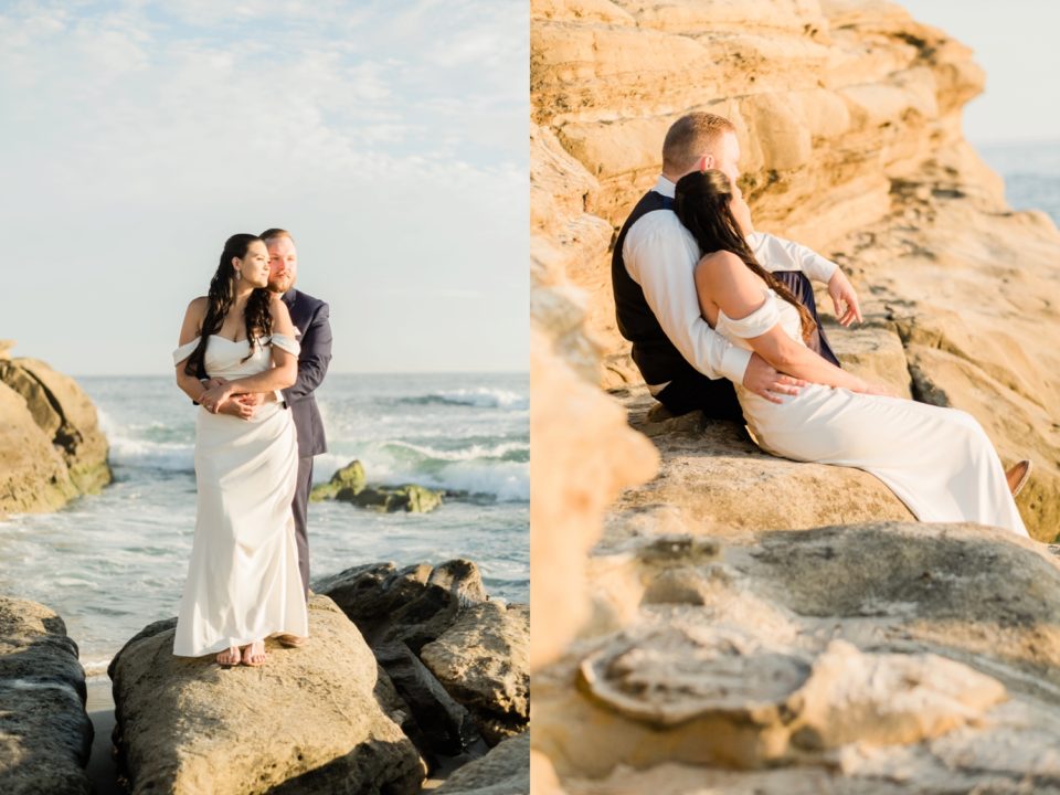 bride and groom on rocks cliffs windandsea beach San Diego Wedding Photographer © Kristine Marie Photography