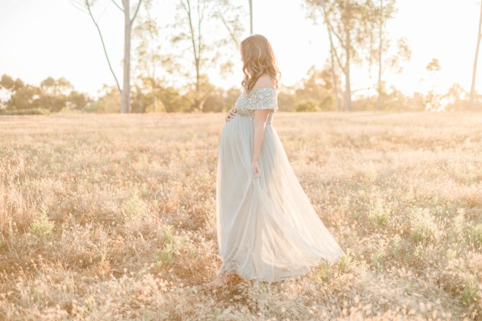 pregnant woman in off shoulder dress North County San Diego Maternity Photographer | Evan's Pond Scripps Miramar | Kristine Marie Photography