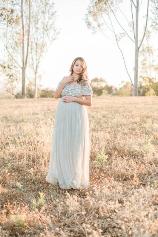 pregnant woman in off shoulder dress North County San Diego Maternity Photographer | Evan's Pond Scripps Miramar | Kristine Marie Photography