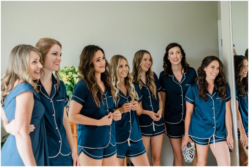 Bridesmaids in Blue Pajamas Getting Ready Photo | Carlsbad Wedding Photographer | © Kristine Marie Photography