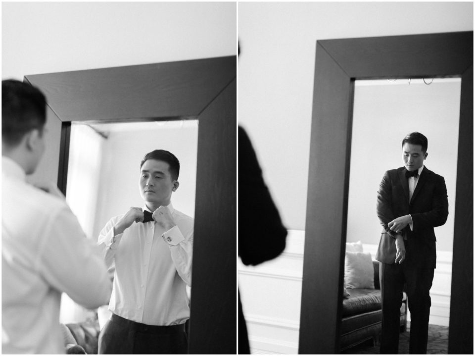 black and white portrait of groom getting ready | Carmel Mountain Ranch | CMR Estate San Diego Wedding Photographer | © Kristine Marie Photography