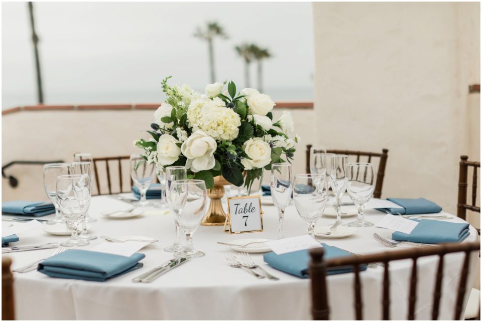 white and blue table settings photo | Ole Hanson Beach Club San Clemente Wedding Photographer | © Kristine Marie Photography