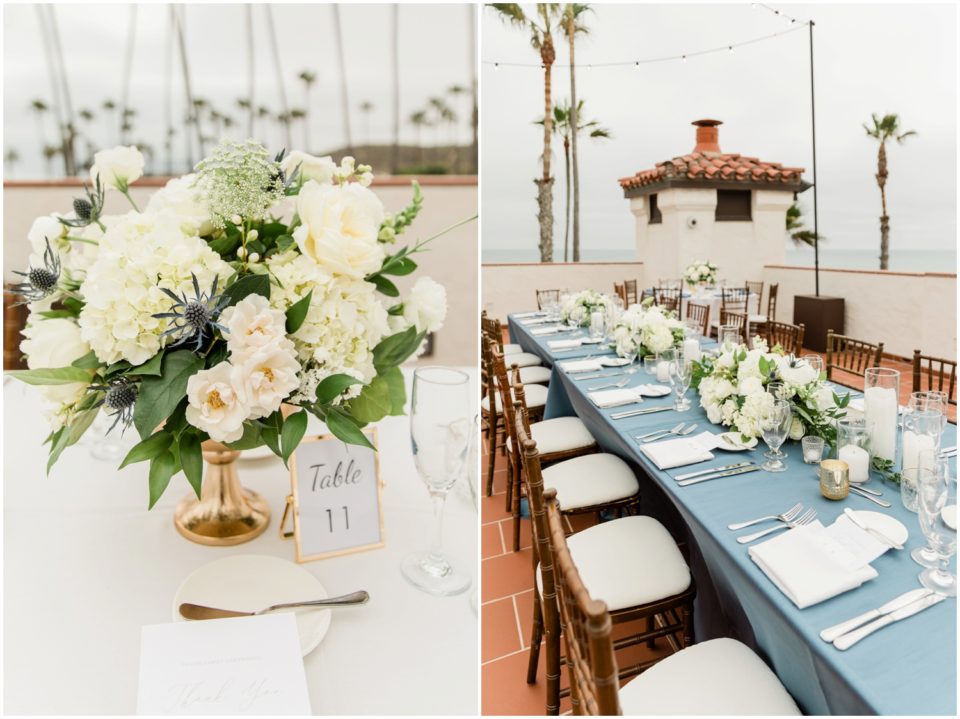 white and blue reception details photo | Ole Hanson Beach Club San Clemente Wedding Photographer | © Kristine Marie Photography